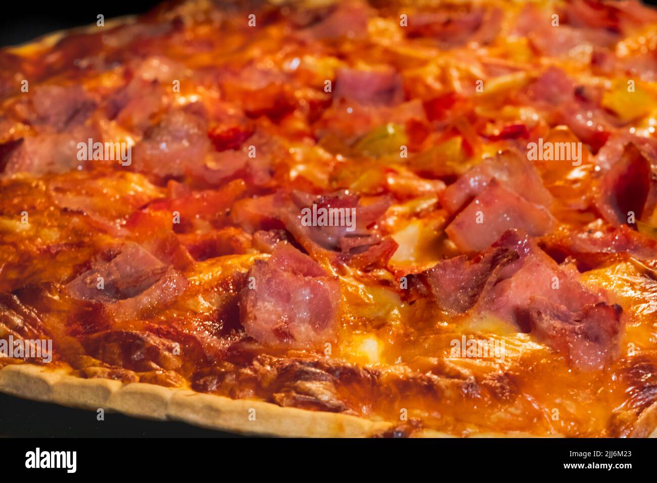 Burnt homemade pizza on tray in electric oven: macro, close up Stock Photo