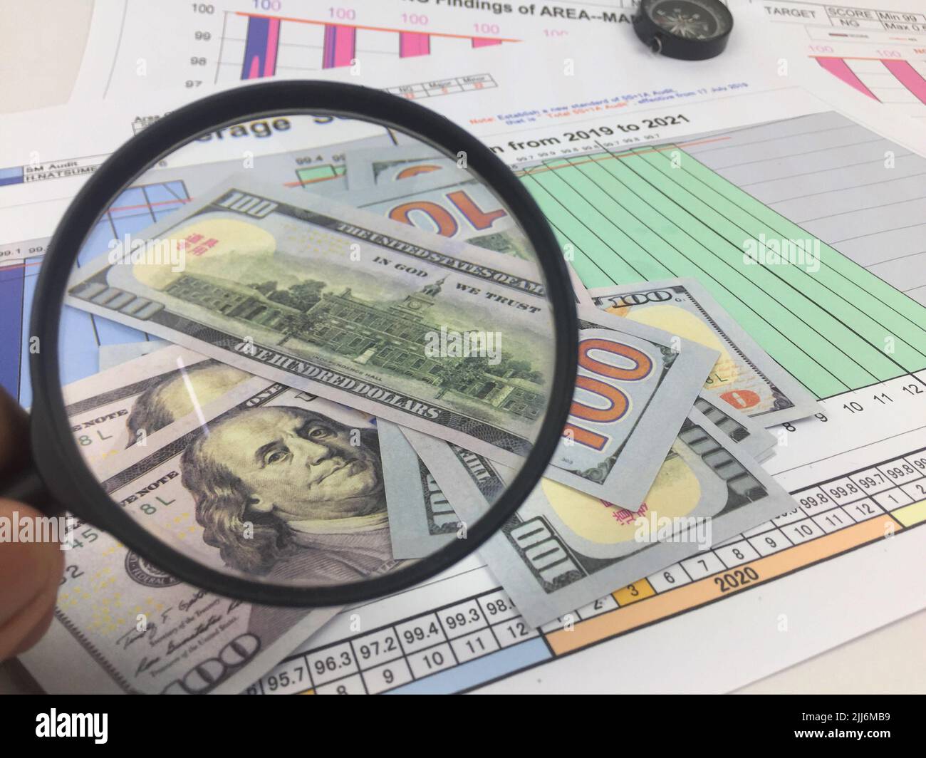 A composition of sheets of data analysis and graphs, banknotes ...