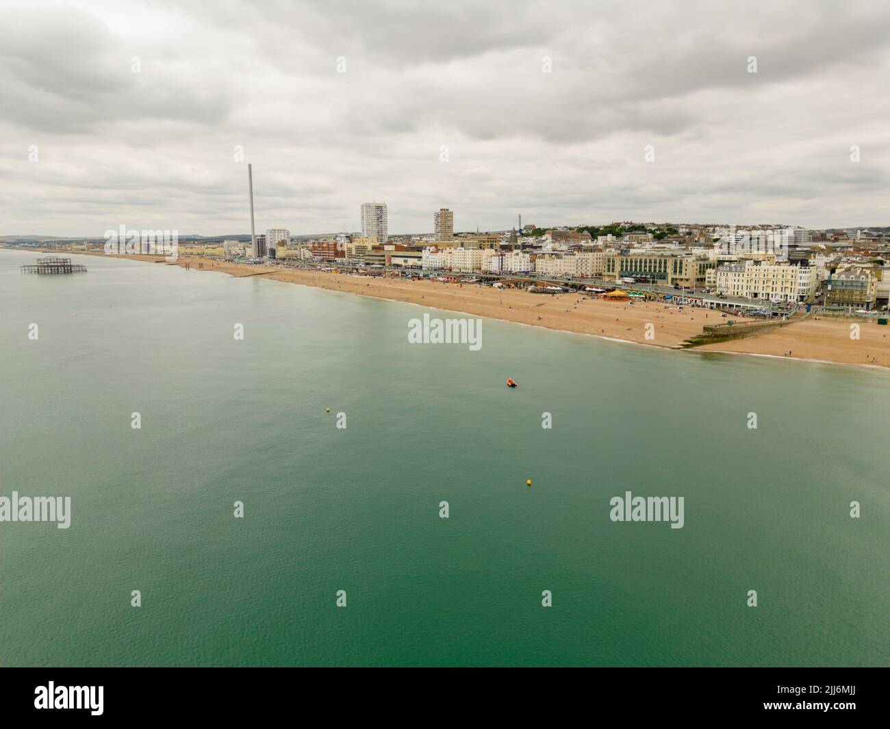 Aerial view of Brighton Beach with cloudy sky Stock Photo
