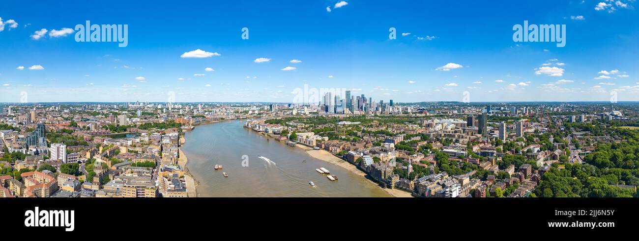Aerial panorama of Canary Wharf UK Stock Photo