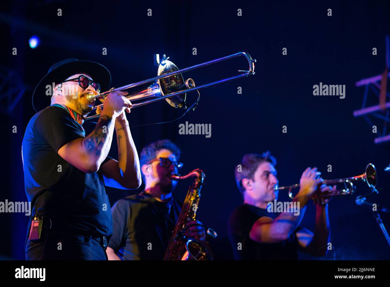 Denis Ramos, Mauricio Ortiz and Martin Gil performs during No Te Va a Gustar concert in Corrientes, Argentina. Stock Photo