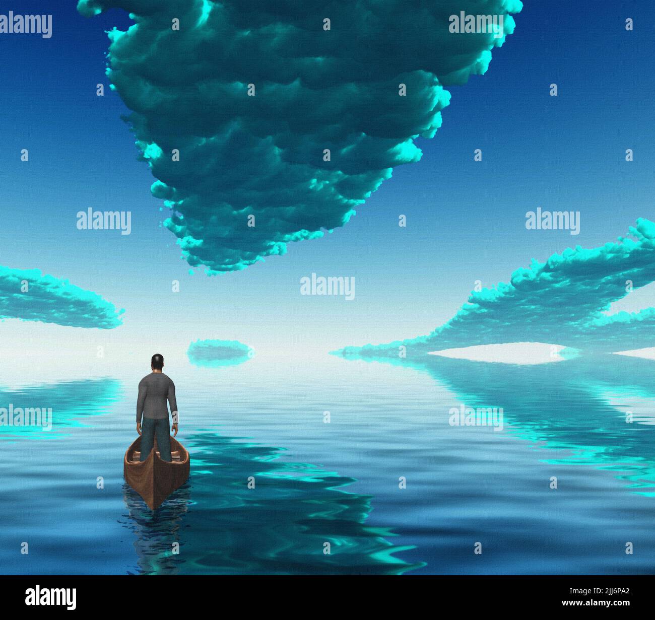 Figure of man in a boat. Deep blue clouds are reflected in water Stock ...