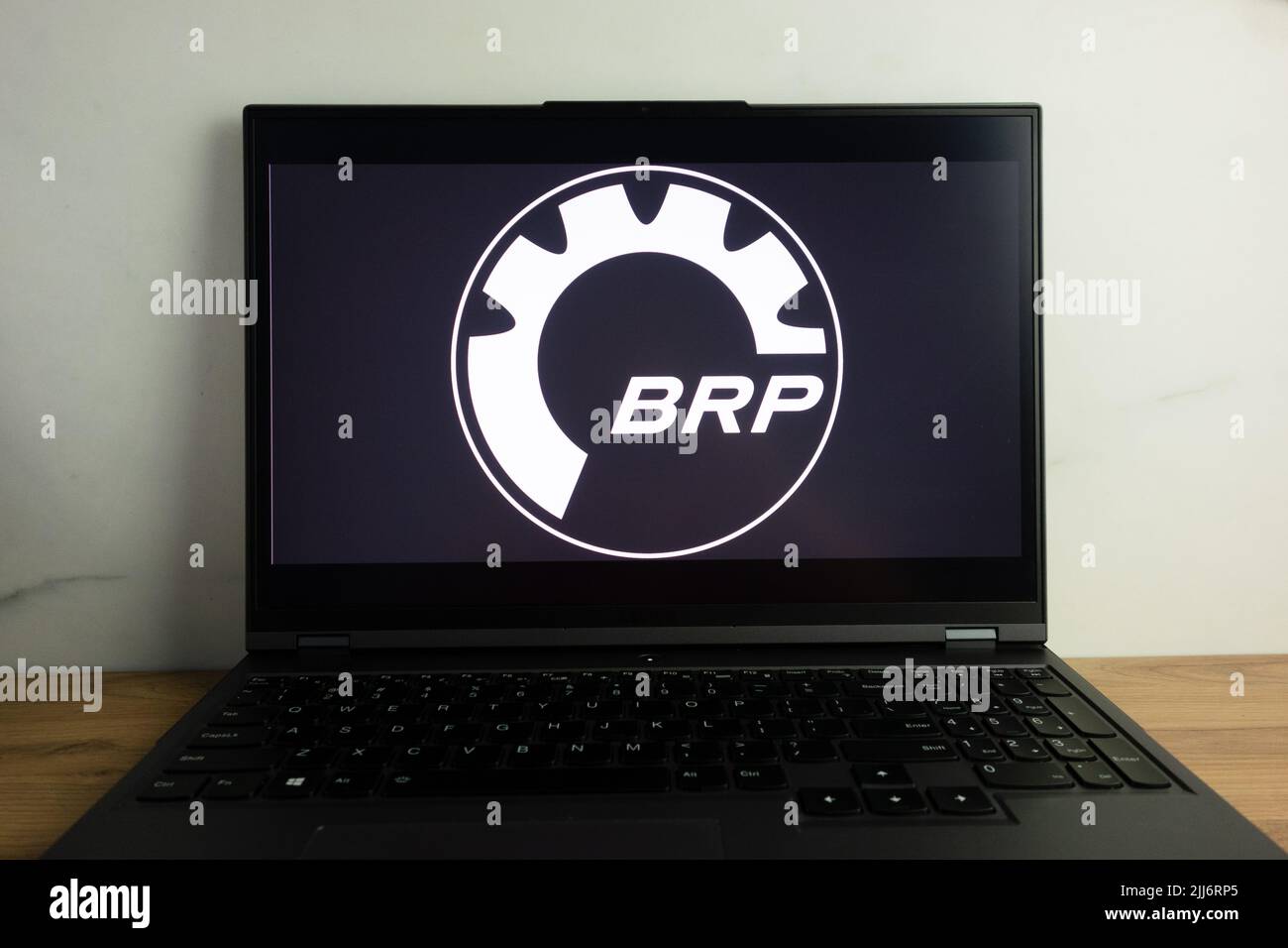 KONSKIE, POLAND - July 22, 2022: Bombardier Recreational Products Inc (BRP) Canadian snowmobiles manufacturer logo displayed on laptop computer screen Stock Photo