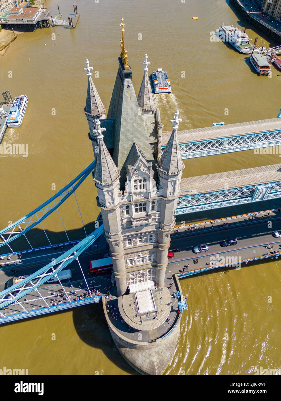 Aerial closeup of Tower Bridge London River Thames Stock Photo