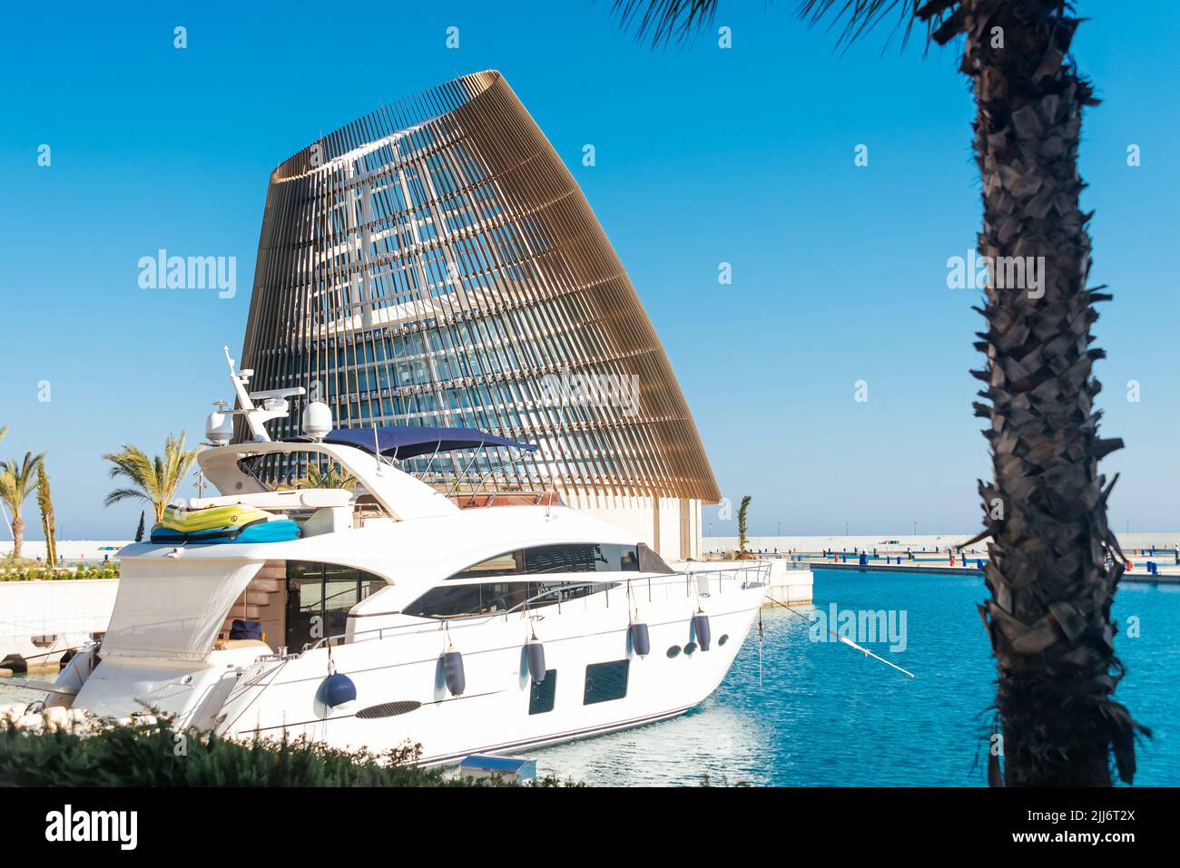 Luxury yacht moored in Ayia Napa marina. Famagusta District, Cyprus Stock Photo