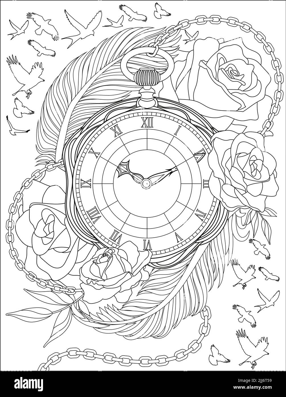 An old vintage pocket watch surrounded by roses and feathers with birds ...