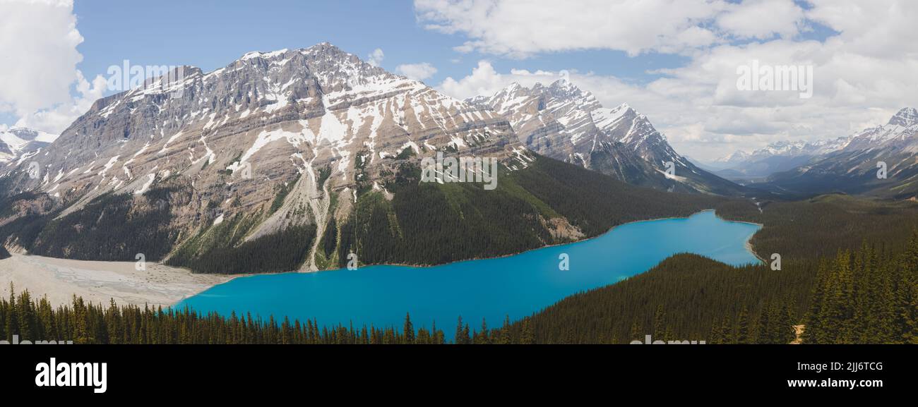 Epic panoramic view on a Summer day with emerald blue water and mountain glacier landscape of Peyto Lake in Banff National Park, Alberta, Canada. Stock Photo