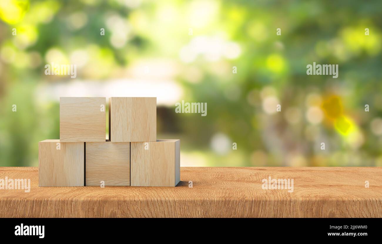 3d Wooden cubes on a wooden surface. 3d information background. 3d rendering Stock Photo