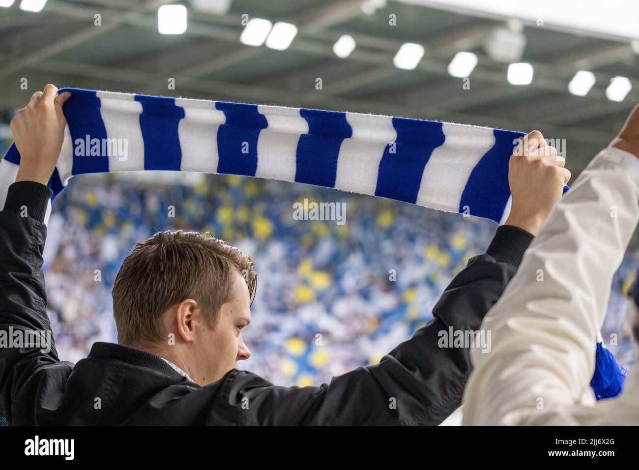 Peking fanz supporters of IFK Norrkoping showing their colors before a game between IFK Norrkoping and Malmo FF at Platinum Cars Arena in Norrkoping Stock Photo