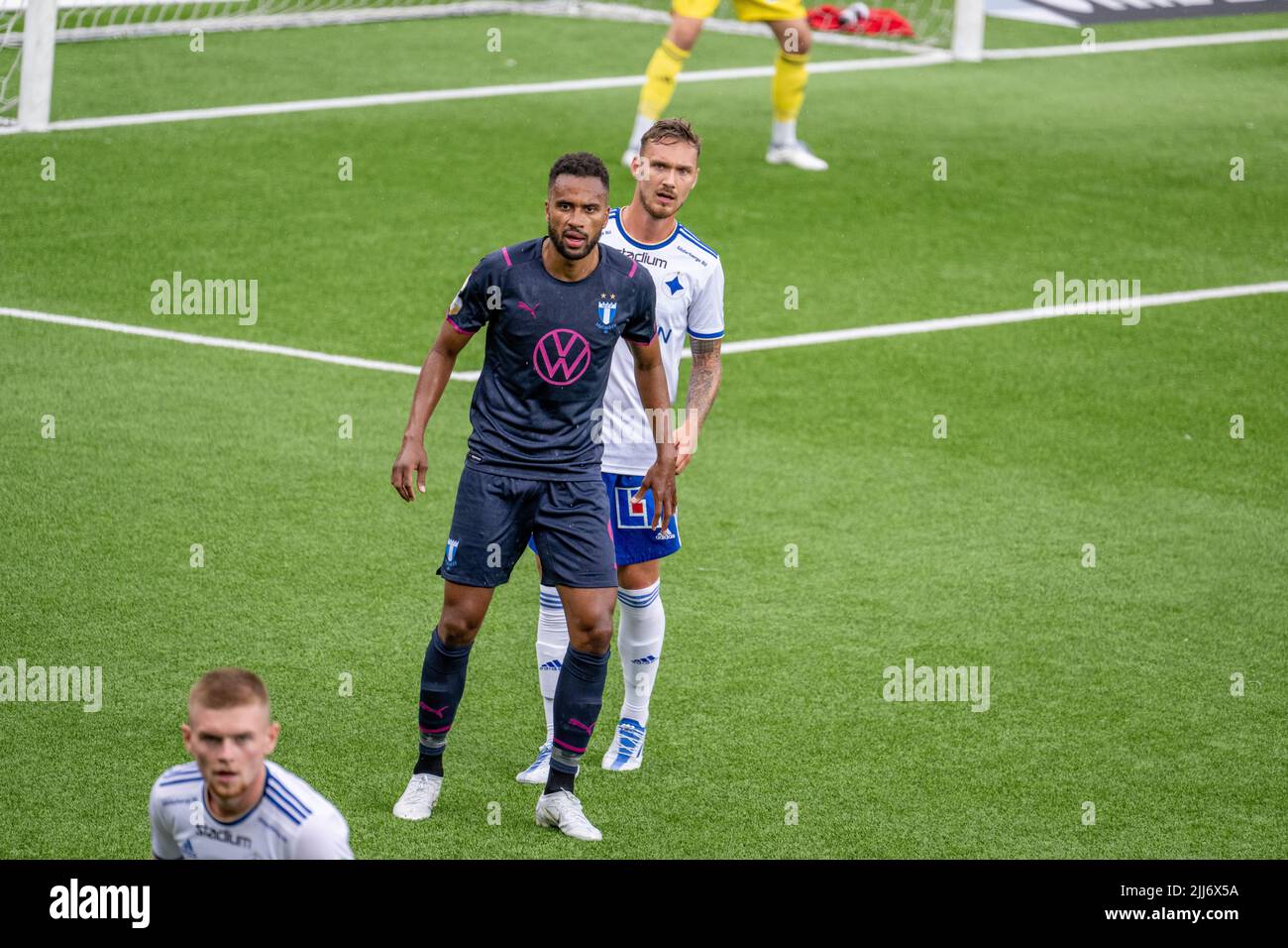Former international Isaac Kiese Thelin nr 9 playing for Malmö FF against IFK Norrköping's Linus Wahlqvist Egnell Stock Photo