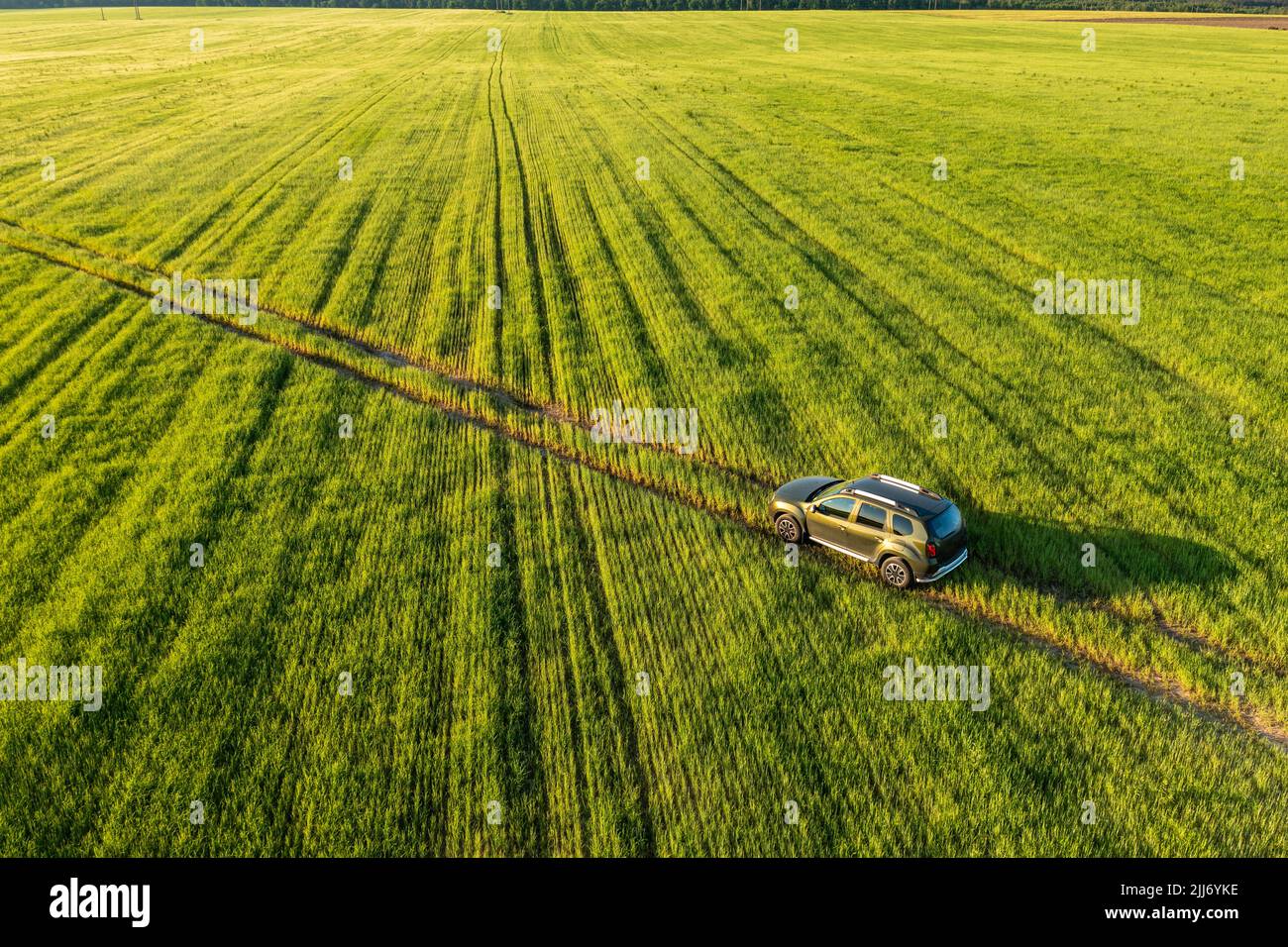 Aerial view of car SUV parked near countryside road in field rural landscape. Bird's-eye drone view of car SUV parked near countryside road in summer Stock Photo