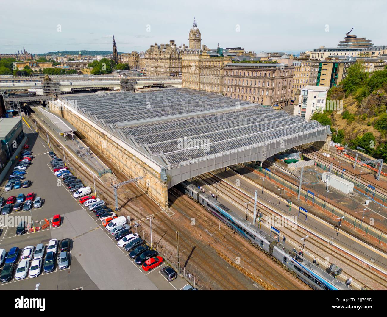 Aerial drone photo Edinburgh Waverly train station Stock Photo
