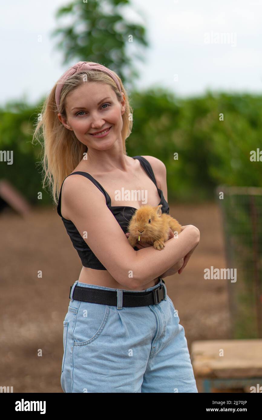 Rabbit bunny girl holding easter cute furry friendship happiness happy, for nature white from small for fluffy domestic, hare hug. Ears funny, Stock Photo