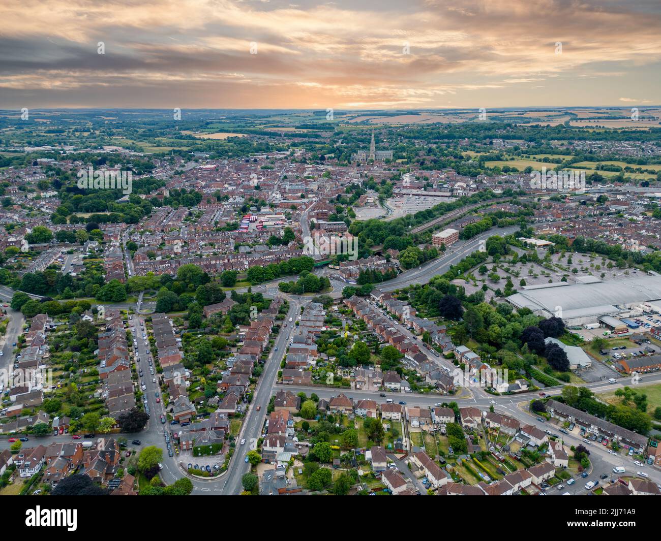 Aerial photo Salisbury UK with beautiful dramatic sky Stock Photo