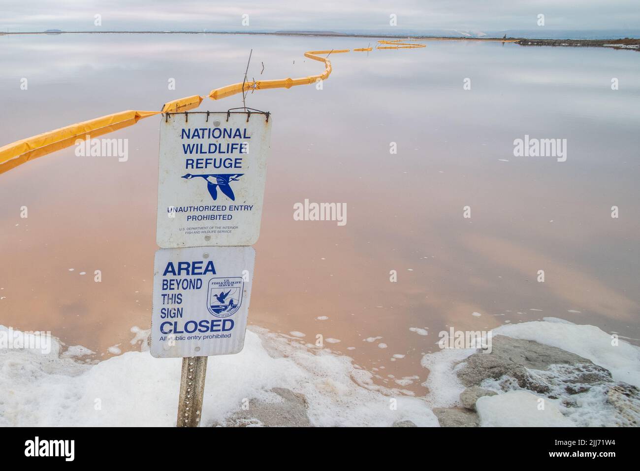 A turbidity barrier or floating debris boom at a national wildlife refuge at Alviso Marina County Park near San Jose, California. Stock Photo