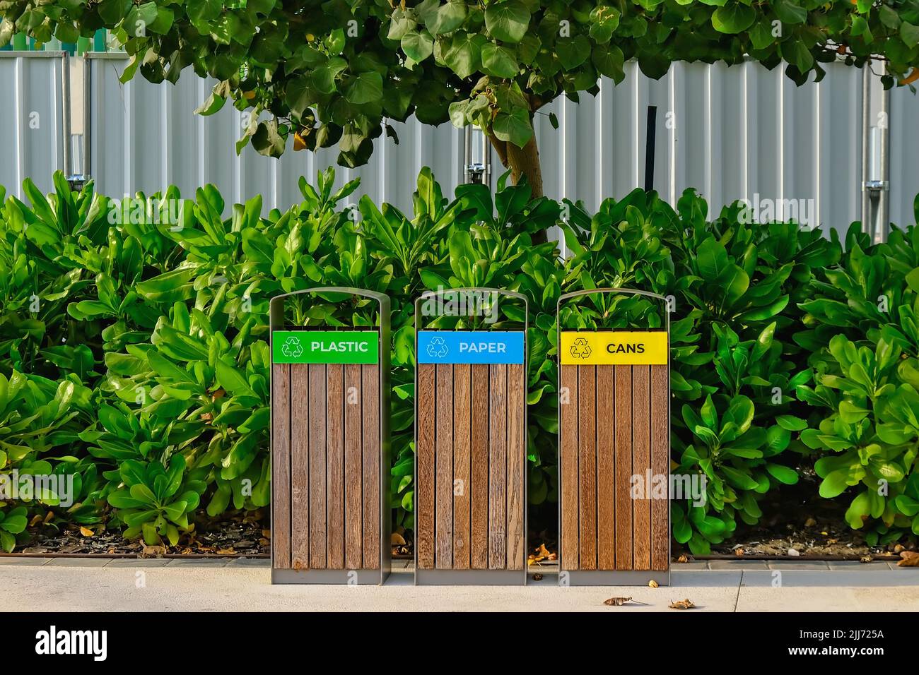 Modern wooden garbage bins for separate waste collection in public city park in Abu Dhabi,UAE. Urban ecology. Environmental care. Stock Photo