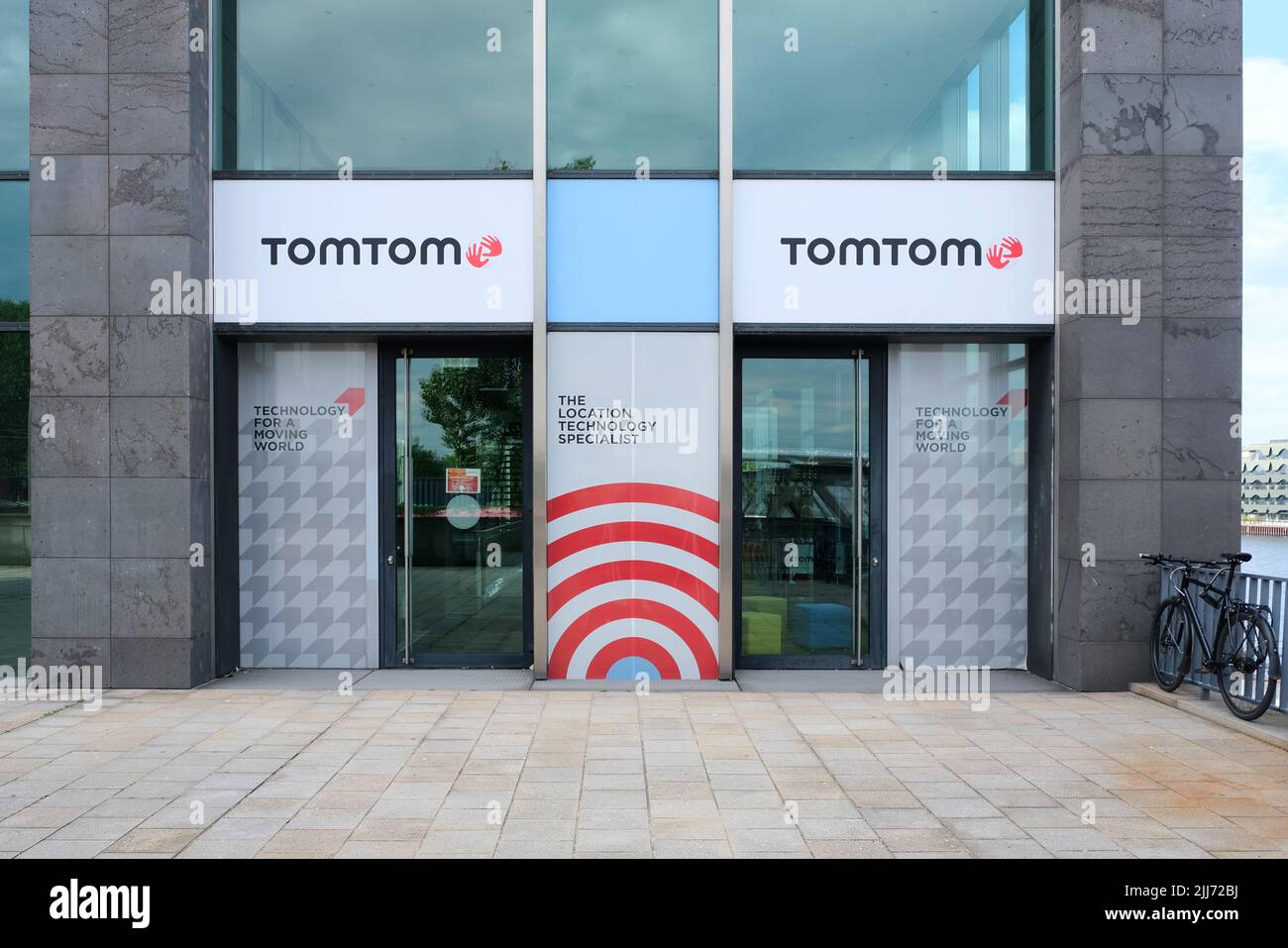 Berlin, Germany, July 13, 2022, entrance to Tomtom headquarters Germany in the Treptower. Stock Photo