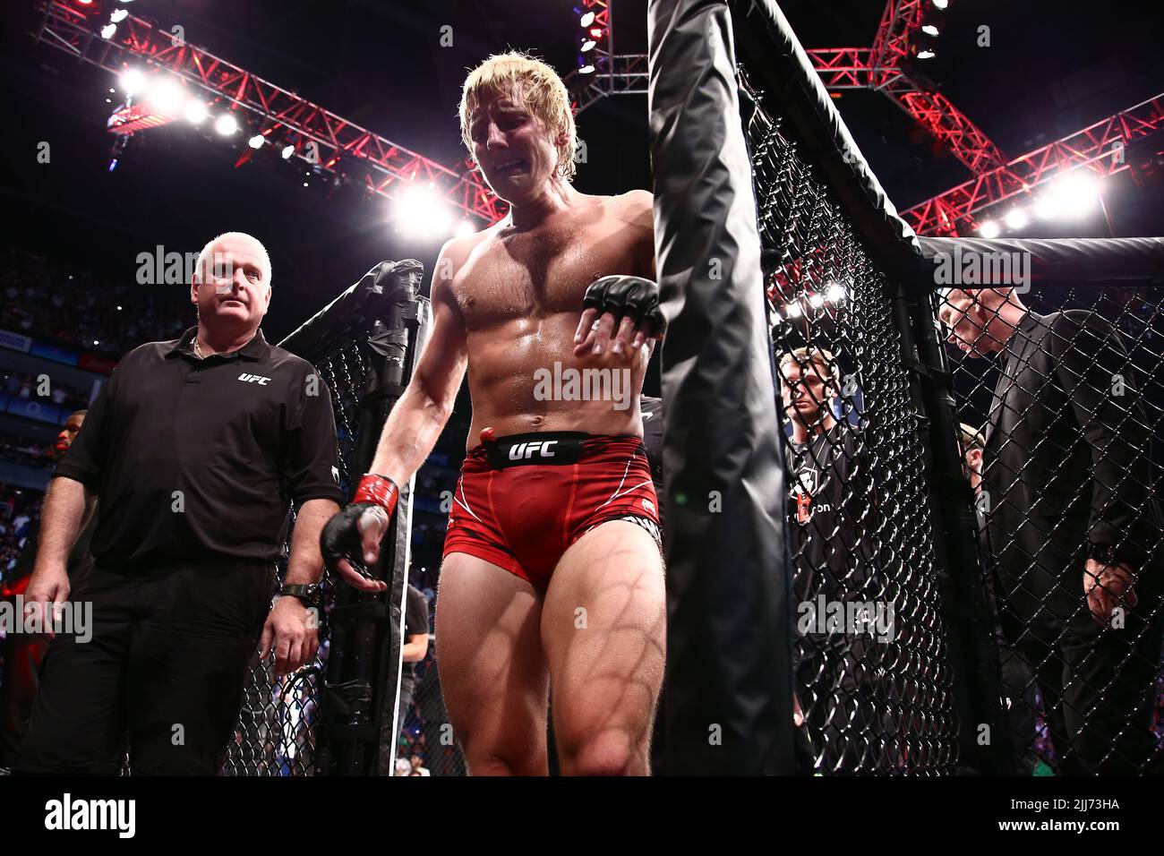 Paddy Pimblett leaves the cage in tears after sharing a heartfelt message about men's mental health in his post-fight interview during ESPN Fight Night 108 at the O2 Arena, Greenwich on Saturday 23rd July 2022. (Credit: Kieran Riley | MI News) Credit: MI News & Sport /Alamy Live News Stock Photo