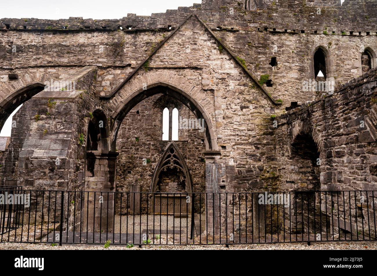 Ruins of Sligo Abbey in Sligo, Ireland and the late Gothic pointed arch canopy of Cormac O'Craian memorial. Stock Photo