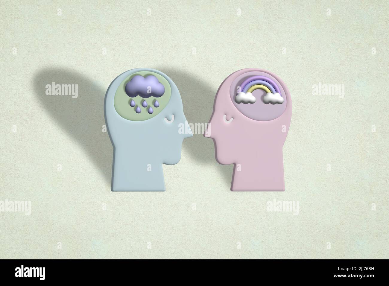 two human heads with clouds and rainbow over brain, happy, sad, depressed, mental health psycho therapy, bipolar concept, therapist and patient, 3D il Stock Photo