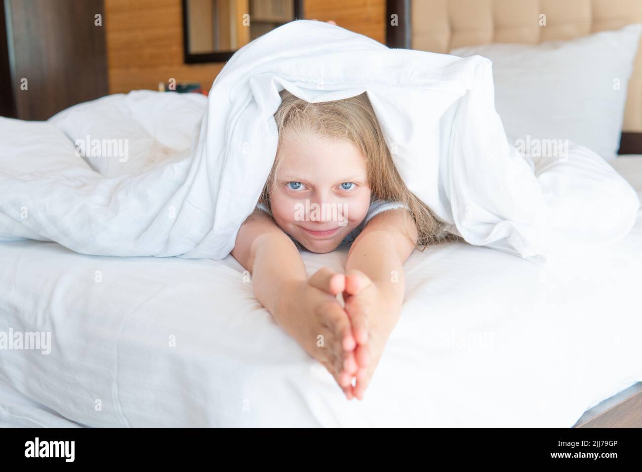 Over head girl pain sleep blanket phone young mobile view, concept