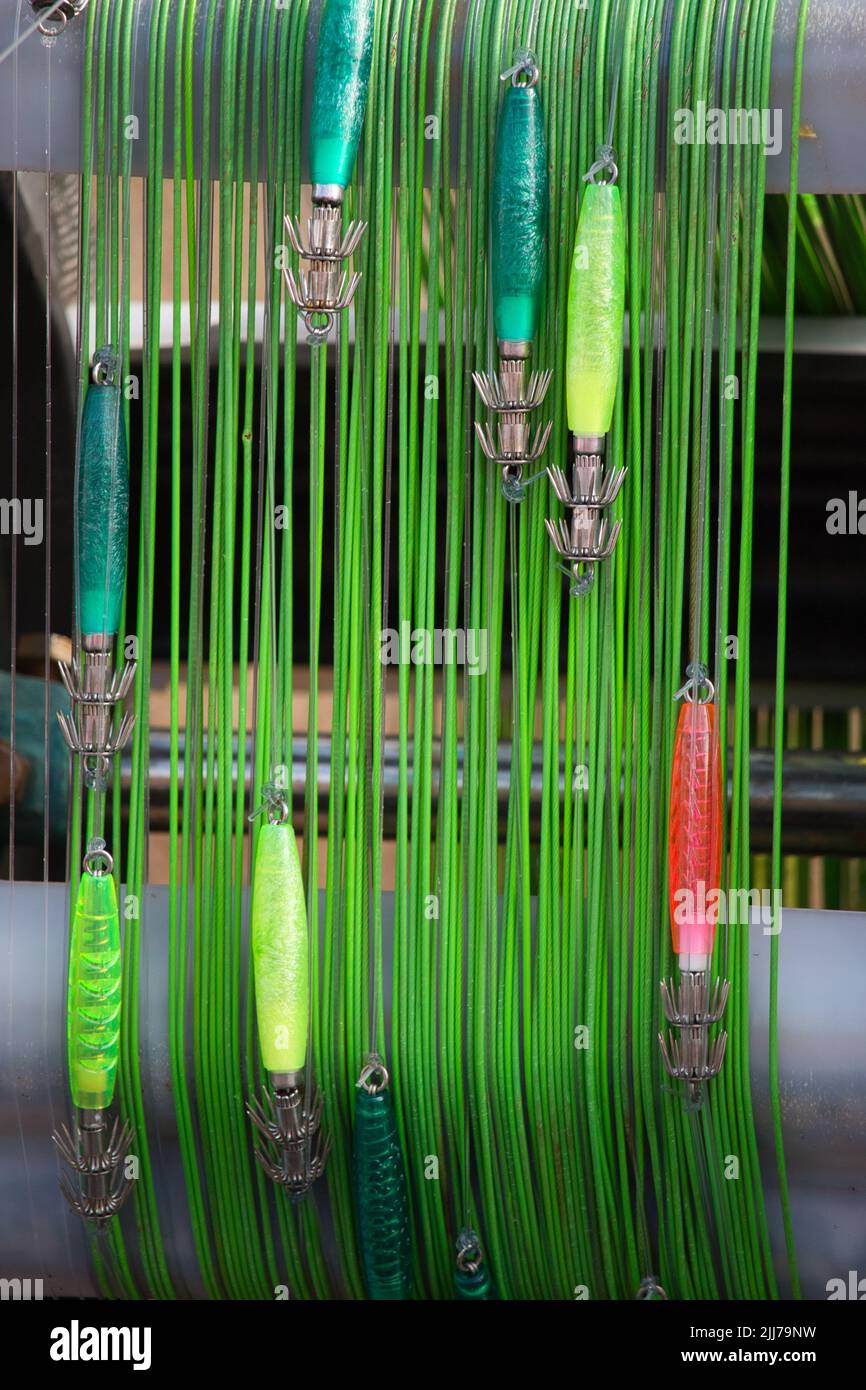Close up of squid jigs and green fishing line Stock Photo