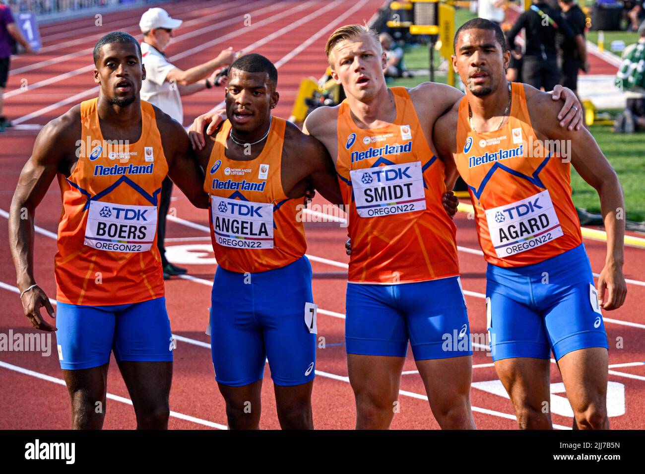 EUGENE, UNITED STATES - JULY 23: Isayah Boers of The Netherlands, Ramsey  Angela of The Netherlands, Nick Smidt of The Netherlands, Terrence Agard of  The Netherlands competing on Men's 4x 400m relay