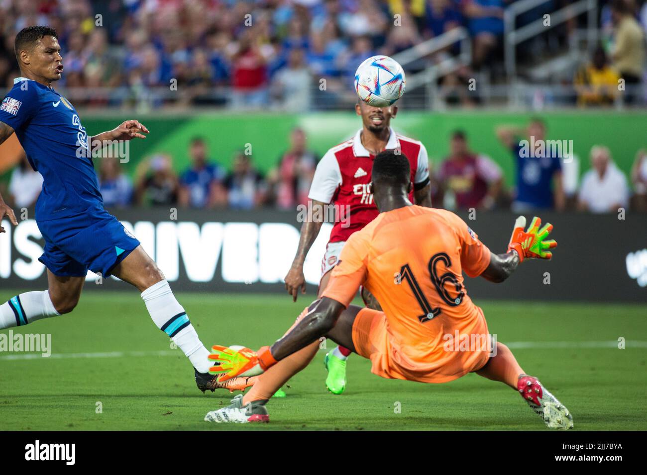 July 23, 2022: Arsenal FC forward Gabriel Jesus (9) scores over Chelsea FC goalkeeper Eduard Mendy (16) during the Florida Cup match between Arsenal FC and Chelsea FC Orlando, FL. Jonathan Huff/CSM. Stock Photo