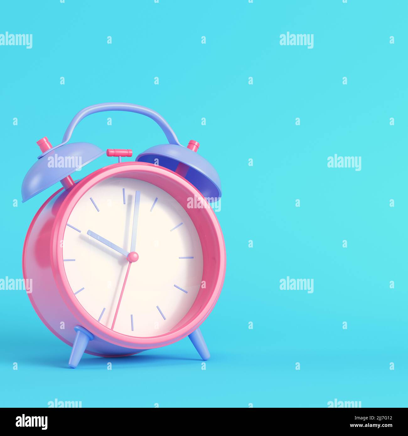 Pink alarm clock on bright blue background in pastel colors. Minimalism concept. 3d render Stock