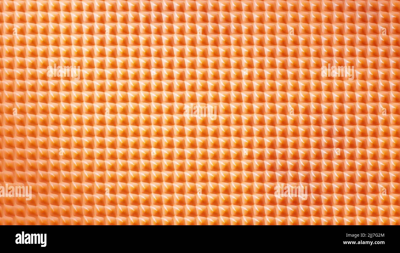 3D rendering. Closeup orange net texture. Honeycomb cells pattern in ...