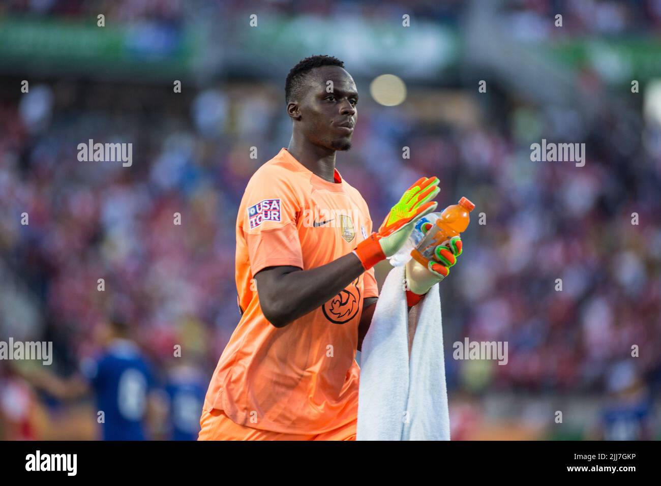 July 23, 2022: Chelsea FC goalkeeper Eduard Mendy (16) thanks fans for coming out before the Florida Cup match between Arsenal FC and Chelsea FC Orlando, FL. Jonathan Huff/CSM. Stock Photo