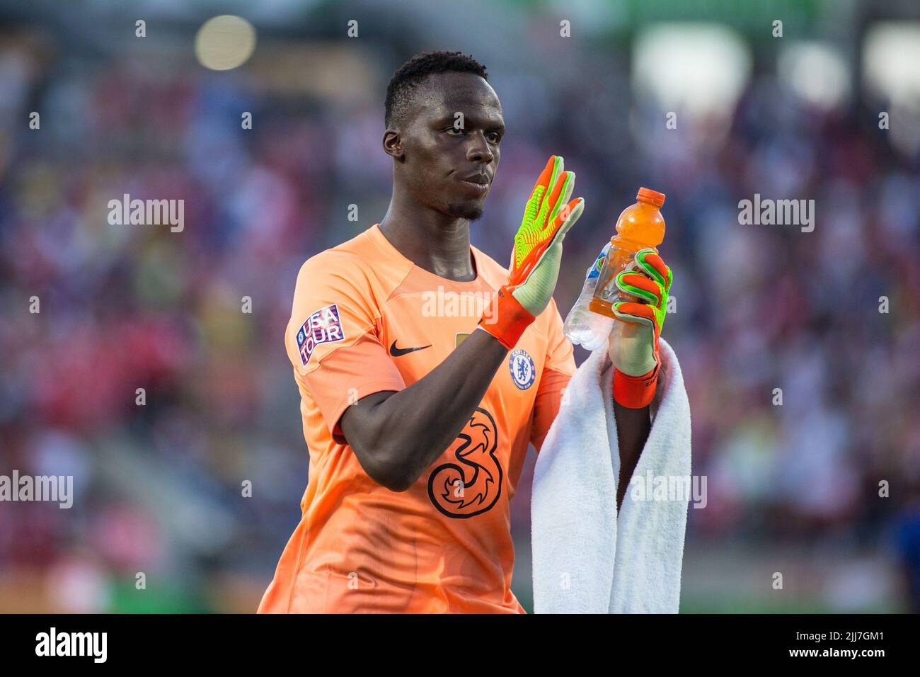 July 23, 2022: Chelsea FC goalkeeper Eduard Mendy (16) thanks fans for coming out before the Florida Cup match between Arsenal FC and Chelsea FC Orlando, FL. Jonathan Huff/CSM. Stock Photo