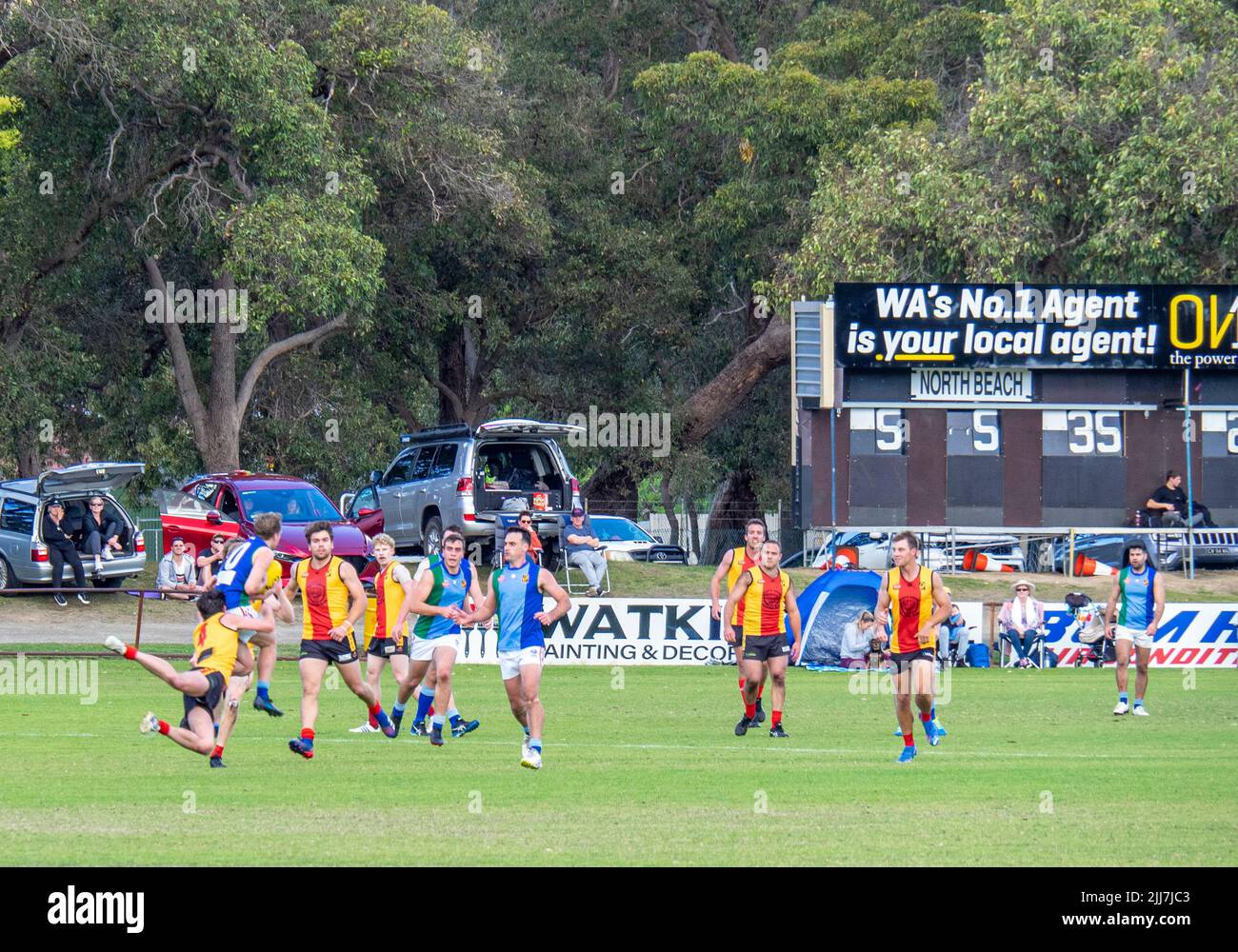 WAAFL  2021 football C5 grade Amateurs grand final between Trinity Aquinas and North Beach Football Clubs. Stock Photo