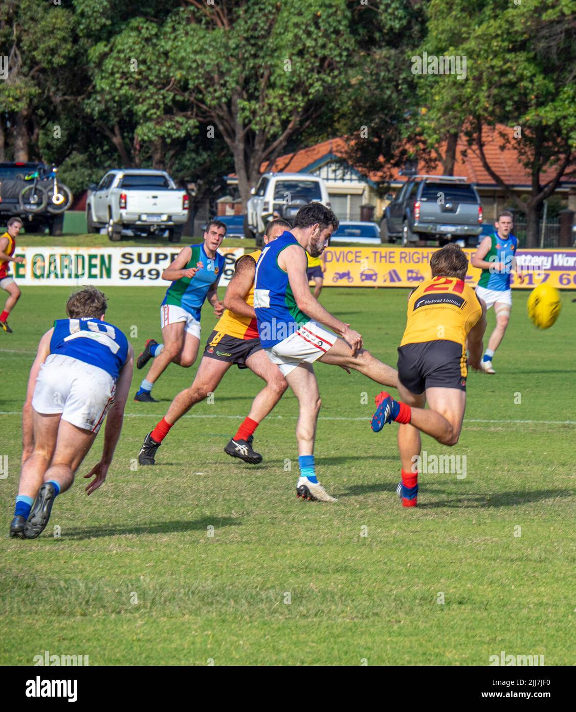 WAAFL  2021 football C5 grade Amateurs grand final between Trinity Aquinas and North Beach Football Clubs. Stock Photo