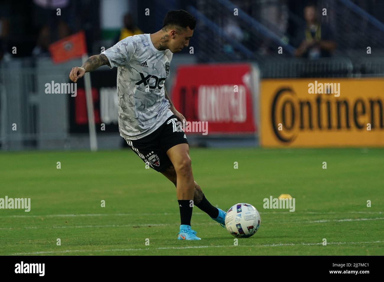 WASHINGTON, DC, USA - 23 JULY 2022: DC United new signing D.C. United midfielder Martin Rodriguez (77) warms up before a MLS match between D.C United and C.F. Montreal, on July 23, 2022, at Audi Field, in Washington, DC. (Photo by Tony Quinn-Alamy Live News) Stock Photo