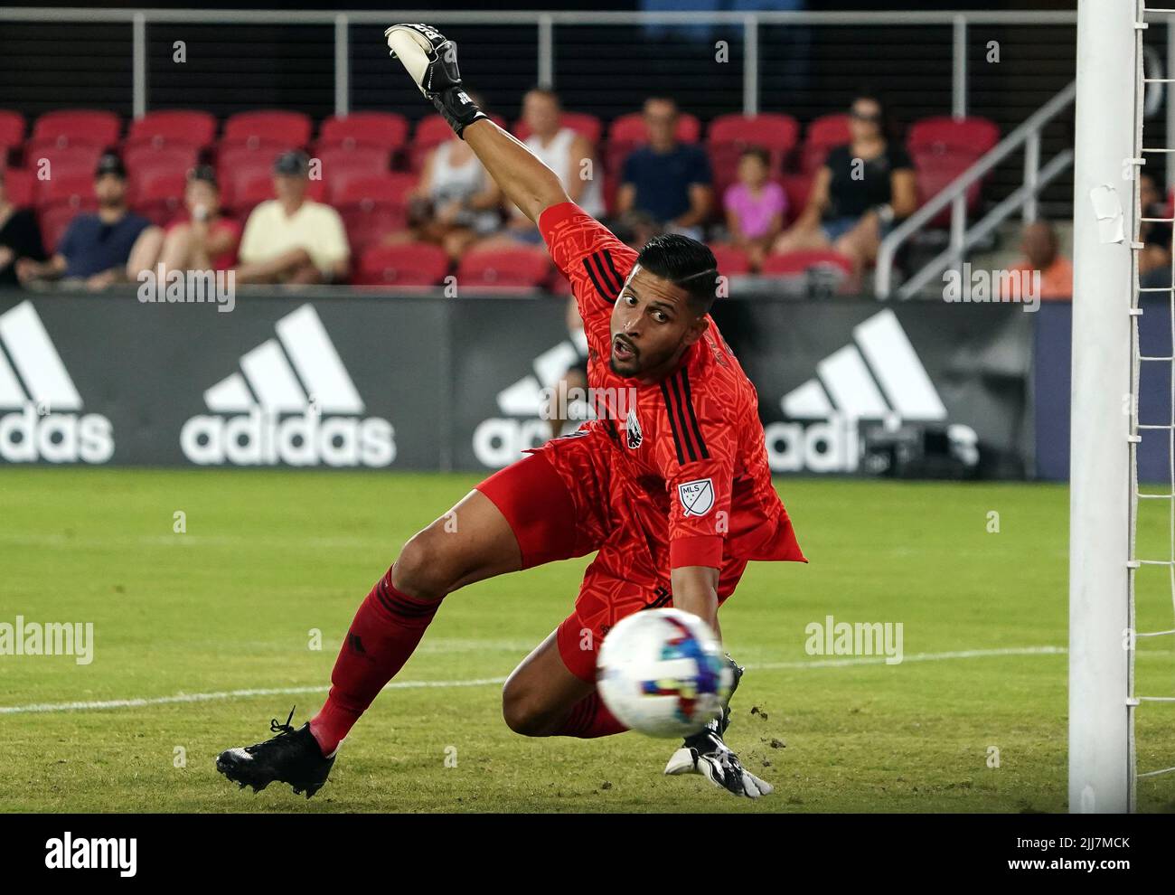WASHINGTON, DC, USA - 23 JULY 2022: D.C. United goalkeeper Rafael Romo (1) pushes the ball wide during a MLS match between D.C United and C.F. Montreal, on July 23, 2022, at Audi Field, in Washington, DC. (Photo by Tony Quinn-Alamy Live News) Stock Photo