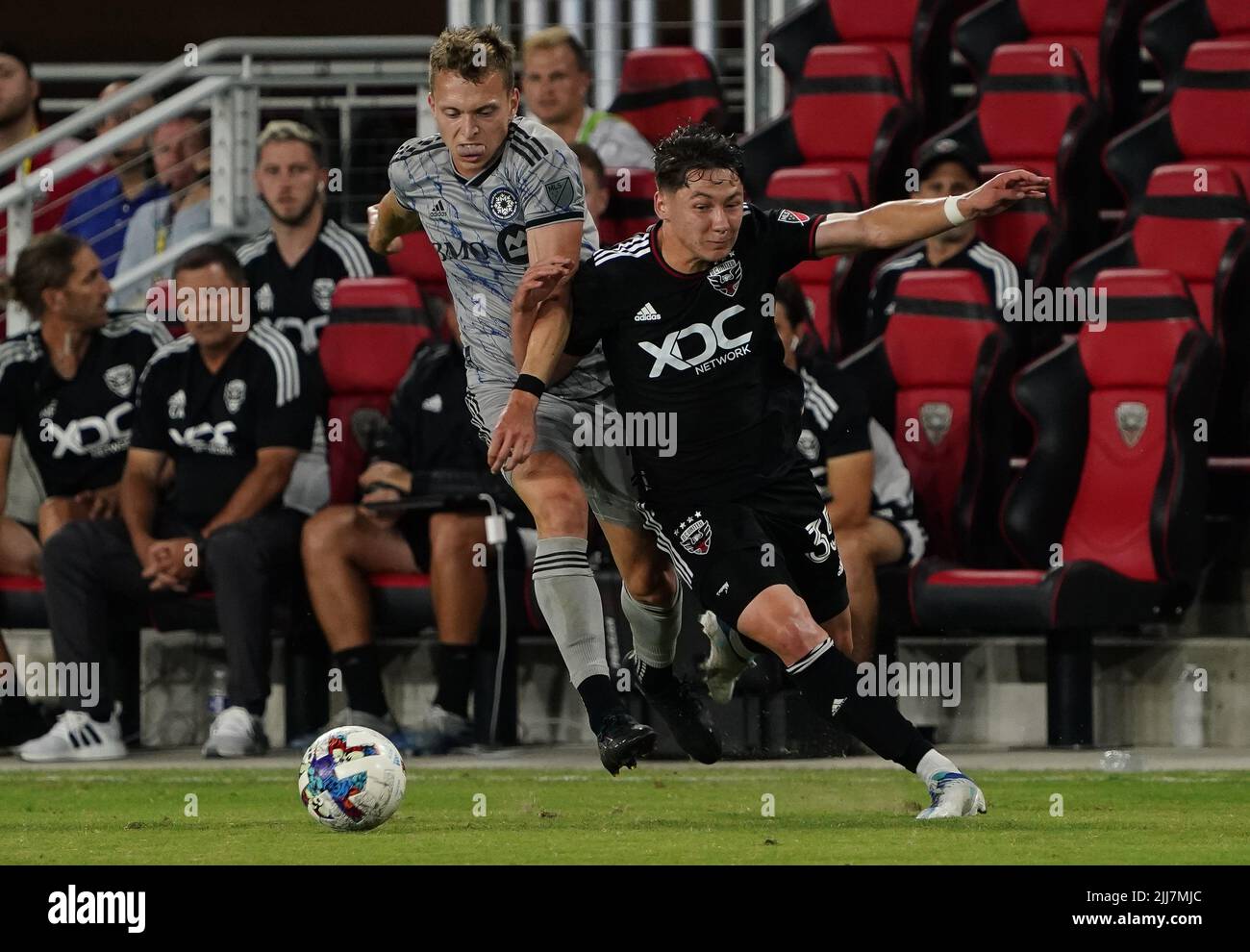 WASHINGTON, DC, USA - 23 JULY 2022: CF Montréal defender Alistair Johnston (22) and D.C. United midfielder Theodore Ku-DiPietro (35) clash during a MLS match between D.C United and C.F. Montreal, on July 23, 2022, at Audi Field, in Washington, DC. (Photo by Tony Quinn-Alamy Live News) Stock Photo