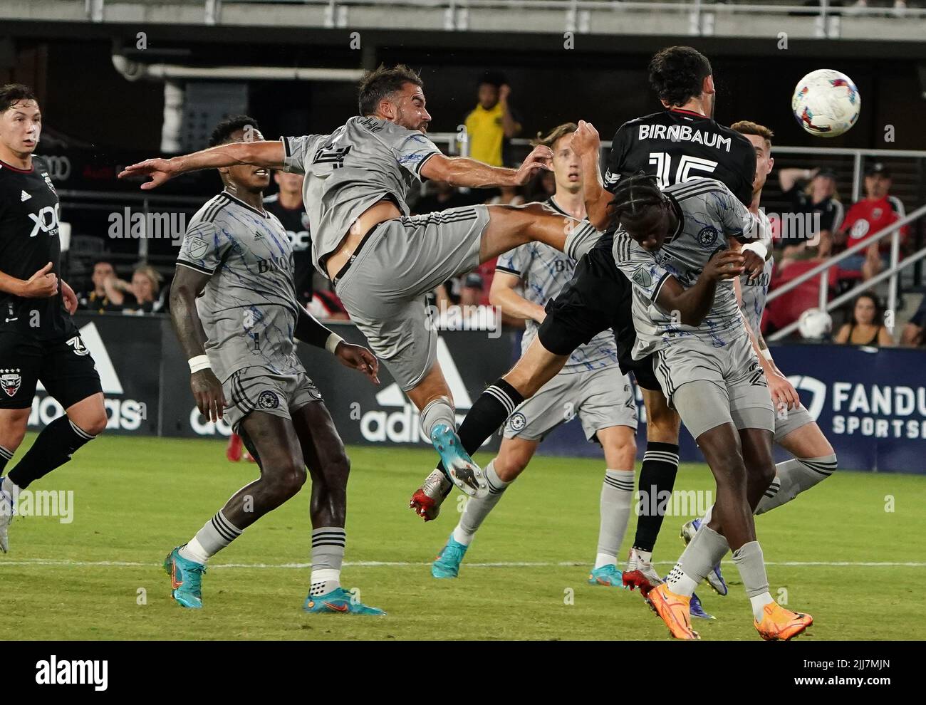 WASHINGTON, DC, USA - 23 JULY 2022: D.C. United defender Steve Birnbaum (15) heads in for a goal during a MLS match between D.C United and C.F. Montreal, on July 23, 2022, at Audi Field, in Washington, DC. (Photo by Tony Quinn-Alamy Live News) Stock Photo