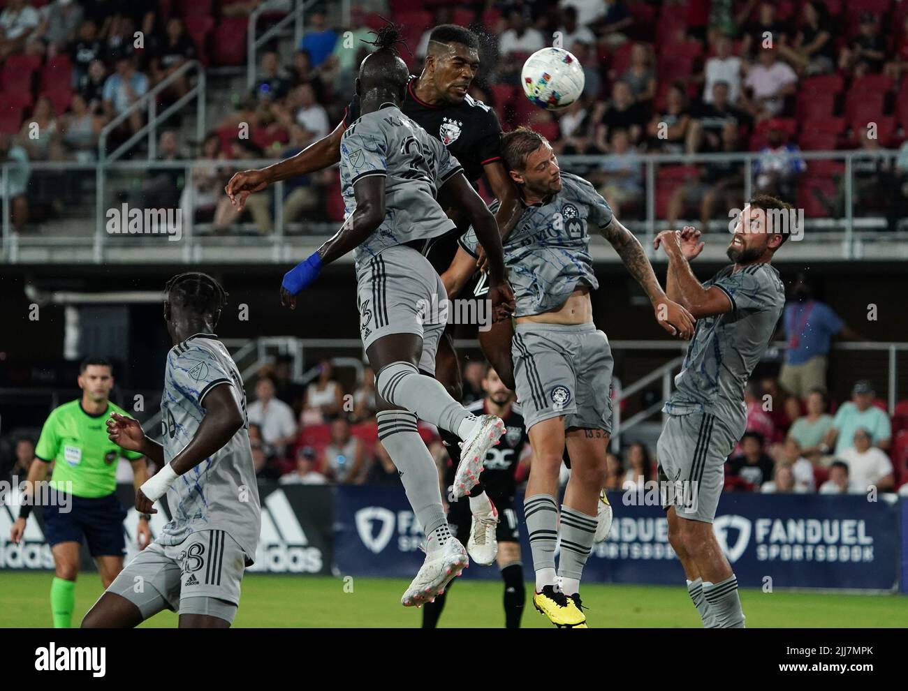 WASHINGTON, DC, USA - 23 JULY 2022: D.C. United defender Donovan Pines (23) above the Montreal to head from a corner kick during a MLS match between D.C United and C.F. Montreal, on July 23, 2022, at Audi Field, in Washington, DC. (Photo by Tony Quinn-Alamy Live News) Stock Photo