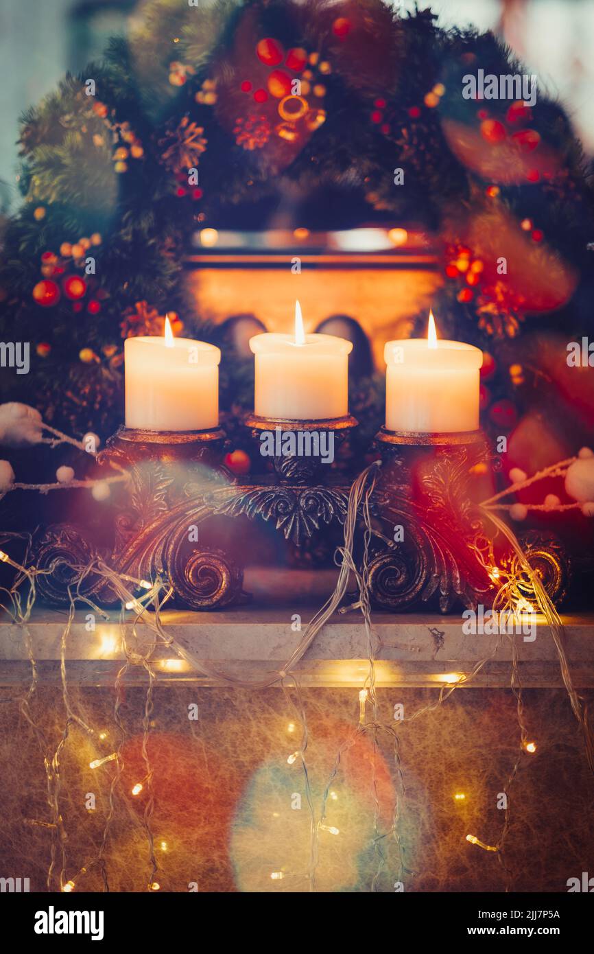 Christmas wreath candle decoration festivity light Stock Photo