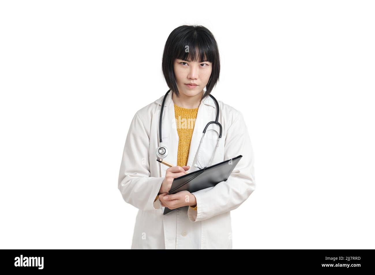 Young asian female doctor writing on a paper, isolated Stock Photo - Alamy