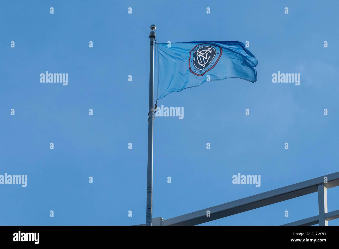 New York, NY - July 23, 2022: NYCFC flag waves on top of stadium during ...