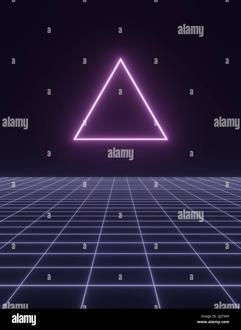 3d render, neon glowing geometric shape, retro wireframe poster Stock ...