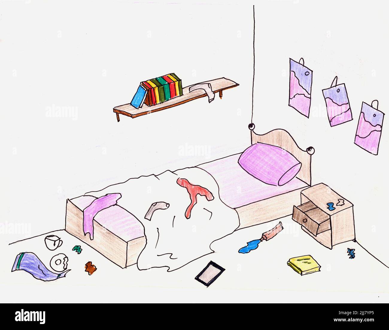 Messy bed room with dirty clothes on bed and floor, cartoon illustration.  Household chaos, home cleaning time, messy teenage room Stock Photo - Alamy, image size:1300x1103