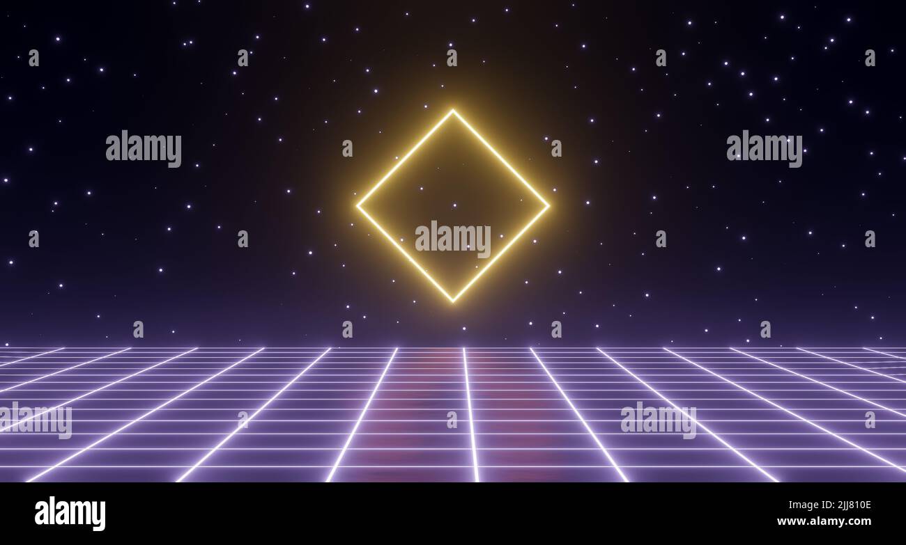 3d render, neon glowing geometric shape, retro wireframe poster Stock ...