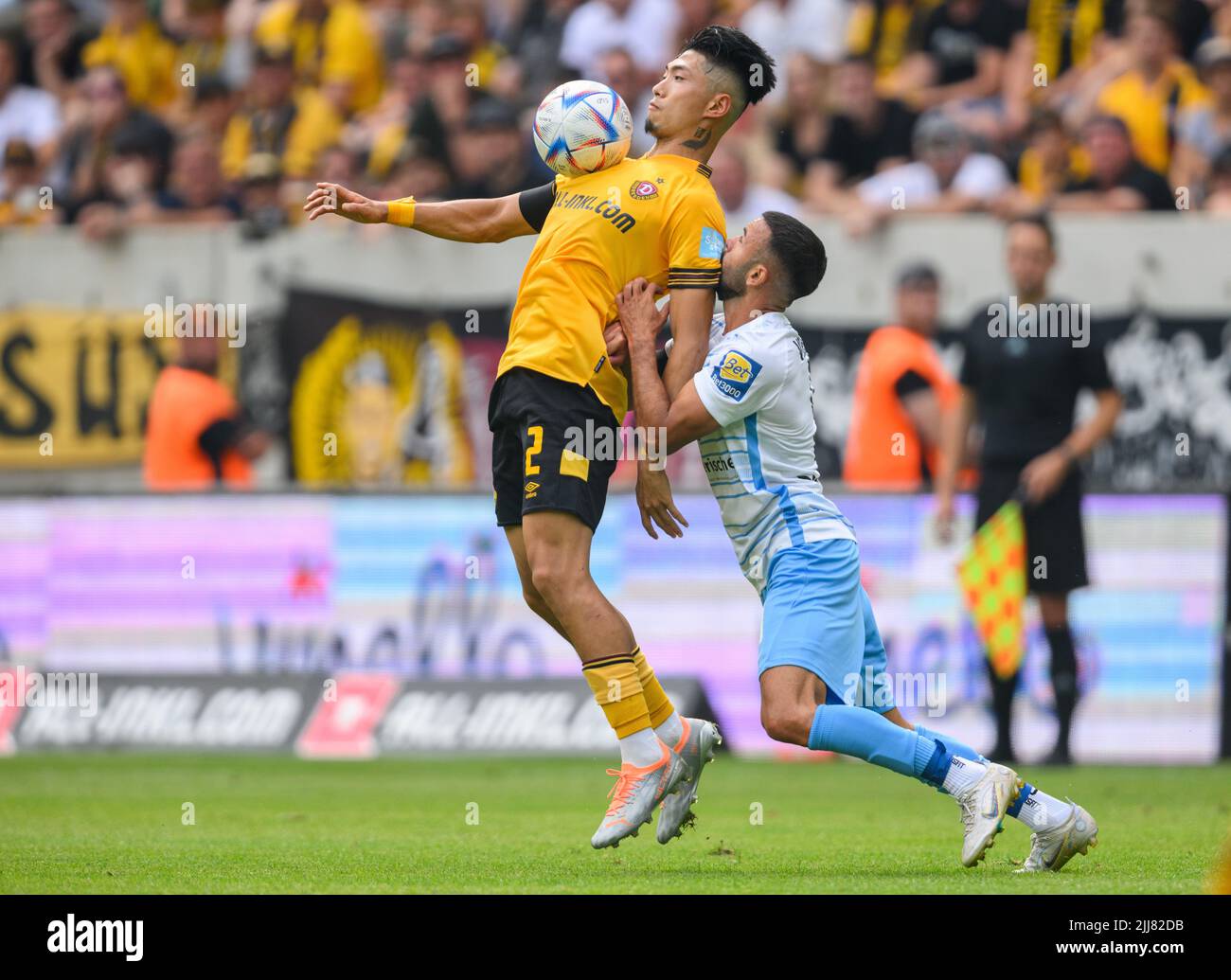 Dresden, Germany. 23rd July, 2022. Soccer: 3rd league, SG Dynamo Dresden - TSV  1860 Munich, Matchday 1, Rudolf Harbig Stadium. Dynamo's Kevin Ehlers  (l-r), Tim Knipping and Dennis Borkowski emotional. Credit: Robert