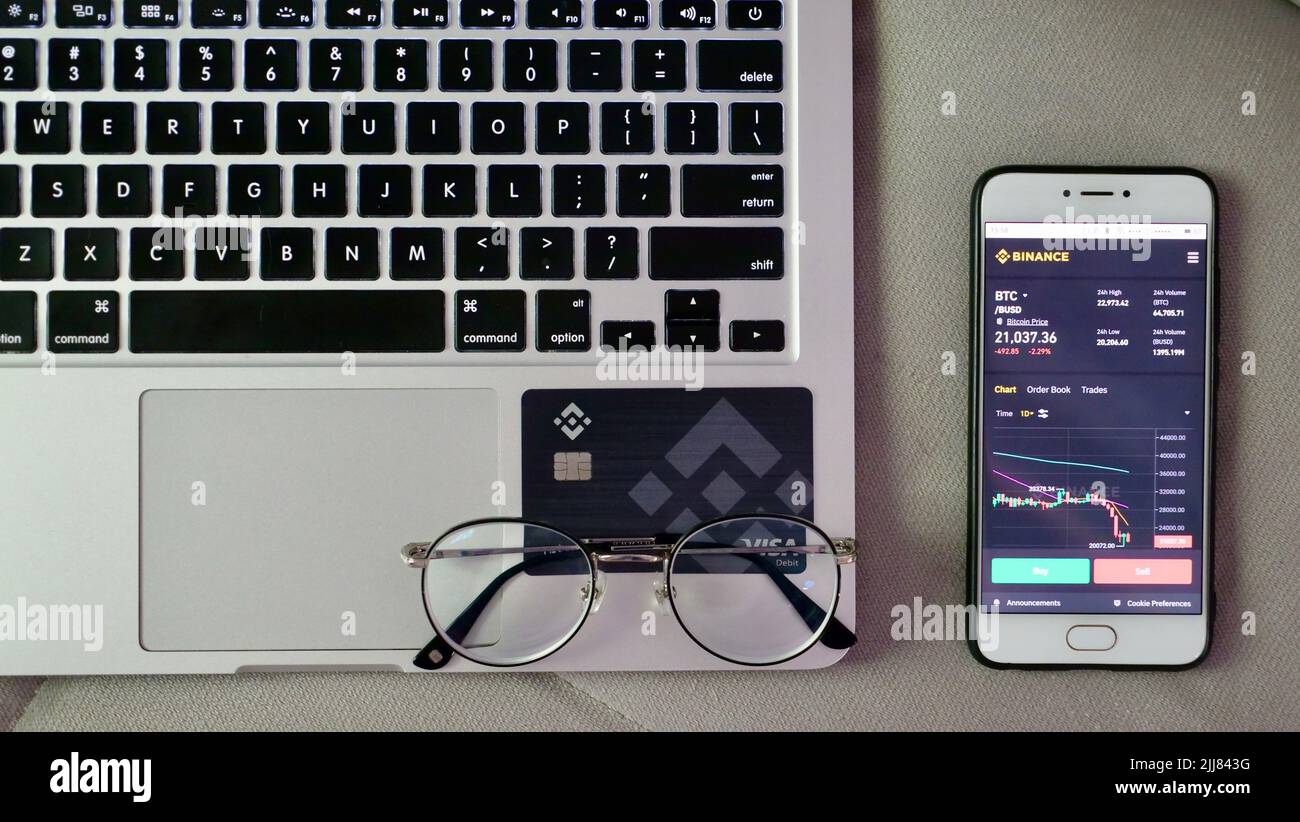 Laptop and phone to buy bitcoin on the Binance crypto exchange during the  market crash. Trading, spot, staking. Workspace freelance flatlay Stock  Photo - Alamy
