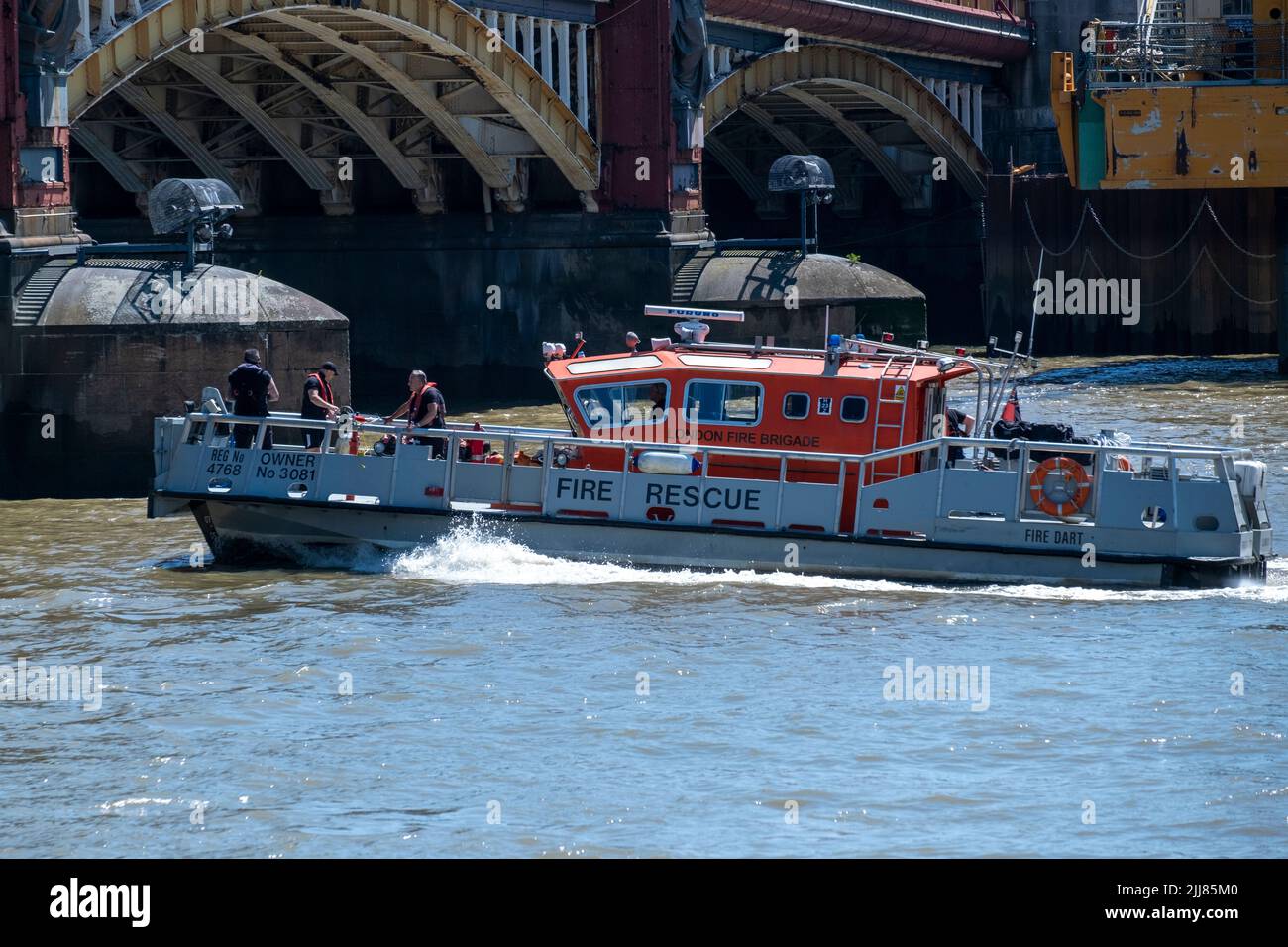 London Fire Brigade fireboat Fire Dart based on the Thames at Vauxhall and the primary river response boat for London Stock Photo
