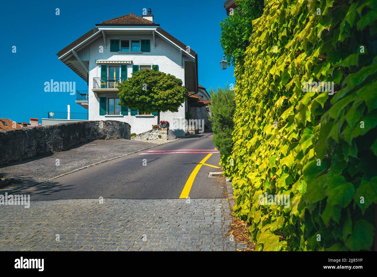 Swiss village street view with traditional house and beautiful green plants on the wall, Switzerland, Europe Stock Photo
