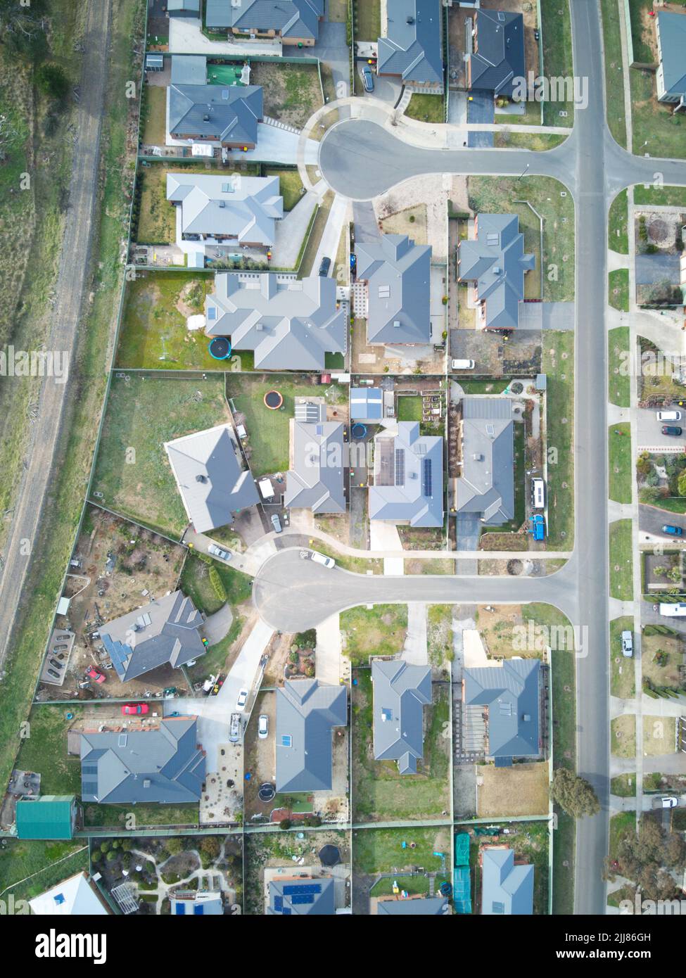 Houses and street from above, urban lifestyle and residential